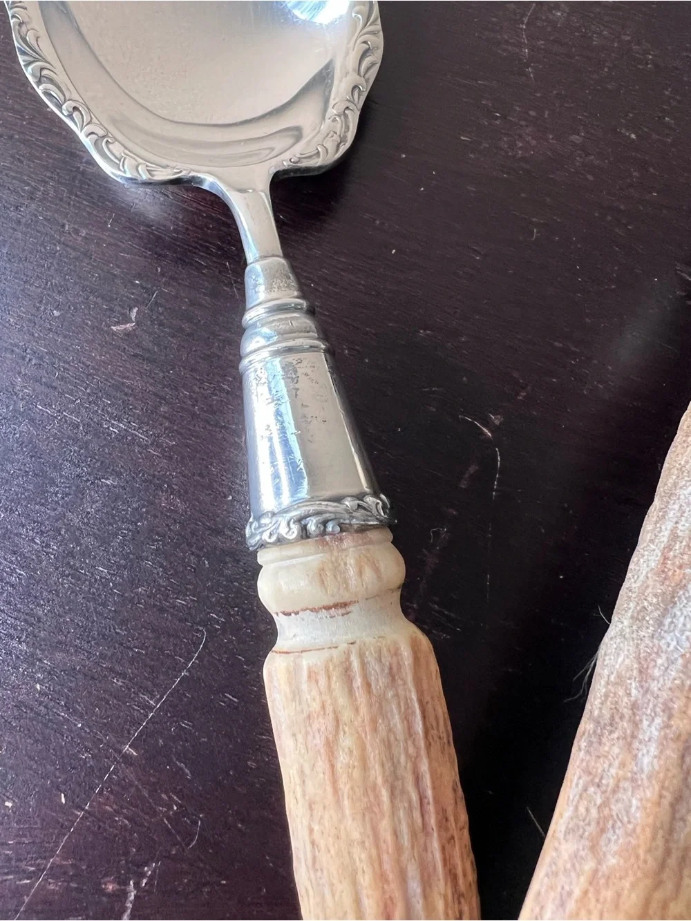 Antique Stag Horn Handle Serving Set Silver Plate Salad Fork Spoon Rustic Lodge